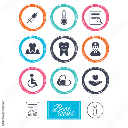 Medicine, medical health and diagnosis icons. Capsules, syringe and doctor signs. Tooth parodontosis, disabled person symbols. Report document, information icons. Vector