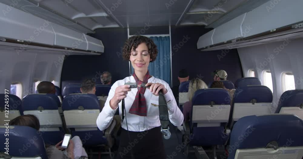 Female flight attendant demonstrates seat belt to passengers in main cabin of commercial airliner.  Medium long shot with camera dolly.