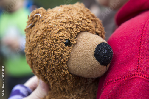 Brown fuzzy teddy bear being hugged. © Joe