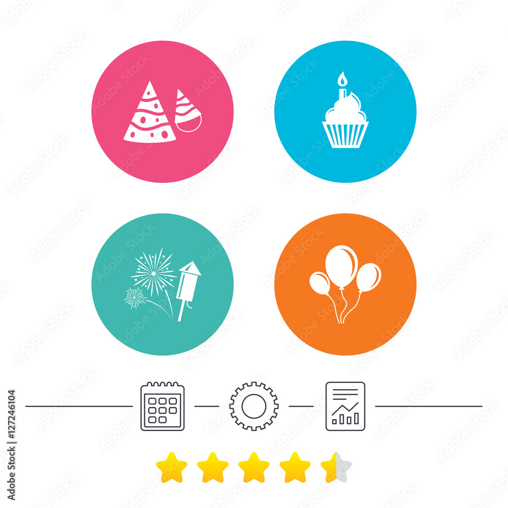 Birthday party icons. Cake, balloon, hat and muffin signs. Fireworks with rocket symbol. Cupcake with candle. Calendar, cogwheel and report linear icons. Star vote ranking. Vector Birthday party icons. Cake, balloon, hat and muffin signs. Fireworks with rocket symbol. Cupcake with candle. Calendar, cogwheel and report linear icons. Star vote ranking. Vector