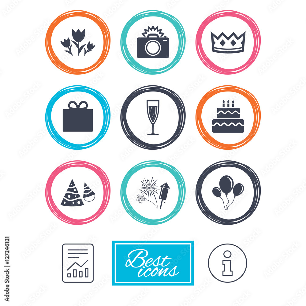 Party celebration, birthday icons. Fireworks, air balloon and champagne glass signs. Gift box, flowers and photo camera symbols. Report document, information icons. Vector