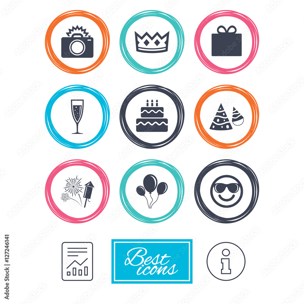 Party celebration, birthday icons. Fireworks, air balloon and champagne glass signs. Gift box, cake and photo camera symbols. Report document, information icons. Vector