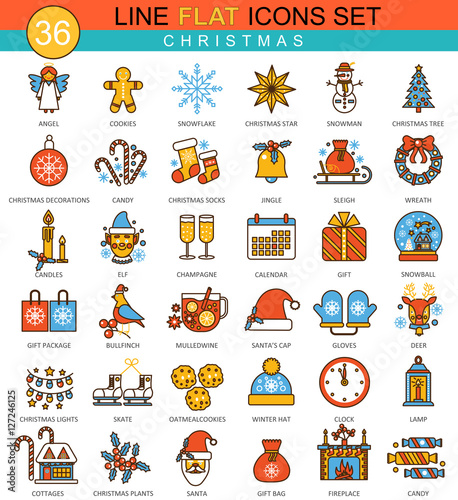 Vector Christmas and happy New Year flat line icon set. Modern elegant style design for web.