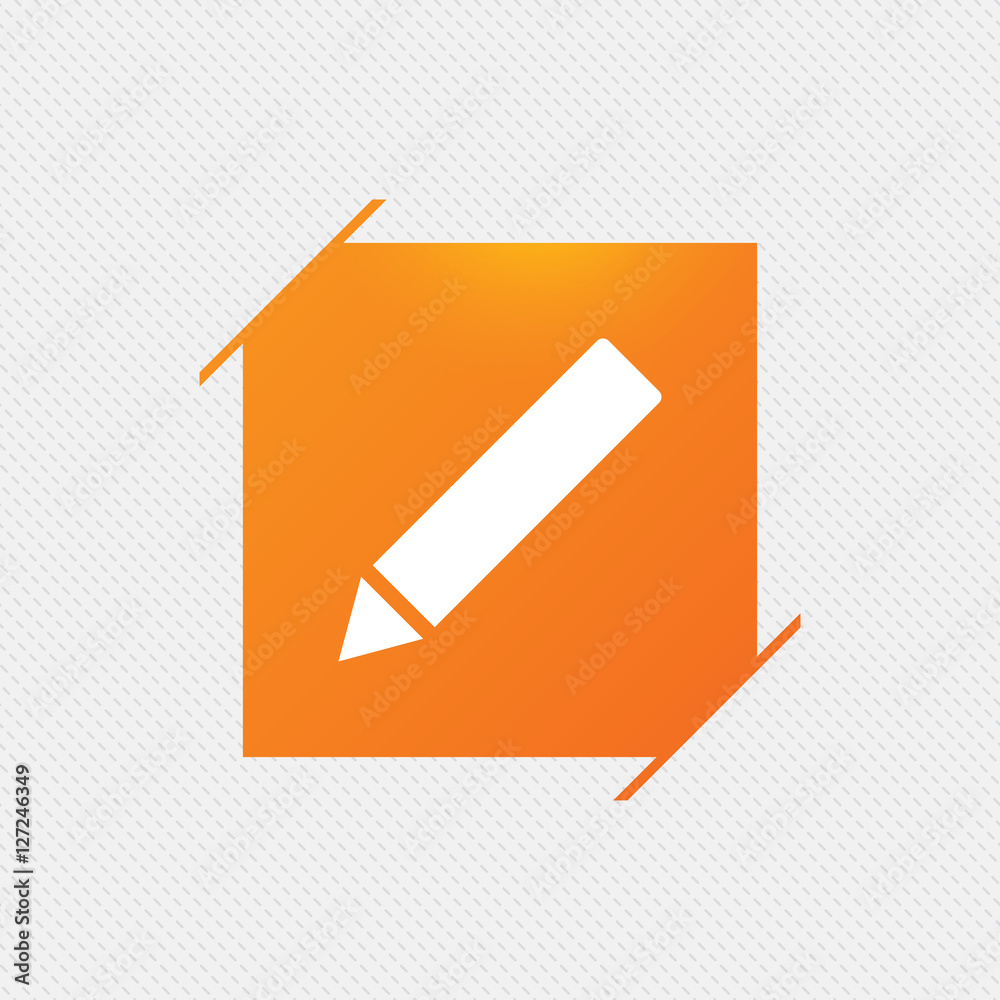 Pencil sign icon. Edit content button. Orange square label on pattern. Vector Pencil sign icon. Edit content button. Orange square label on pattern. Vector