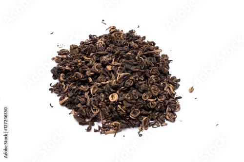 Pile of dried green tea isolated on white background.