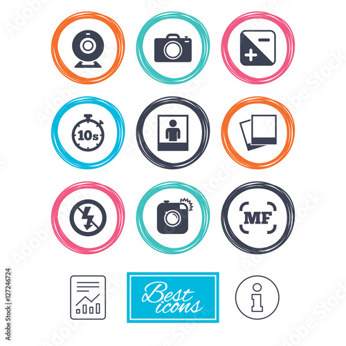 Photo, video icons. Web camera, photos and frame signs. No flash, timer and portrait symbols. Report document, information icons. Vector