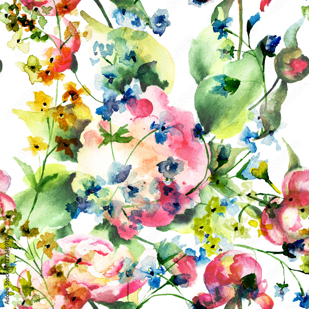Seamless wallpaper with Beautiful wild flowers