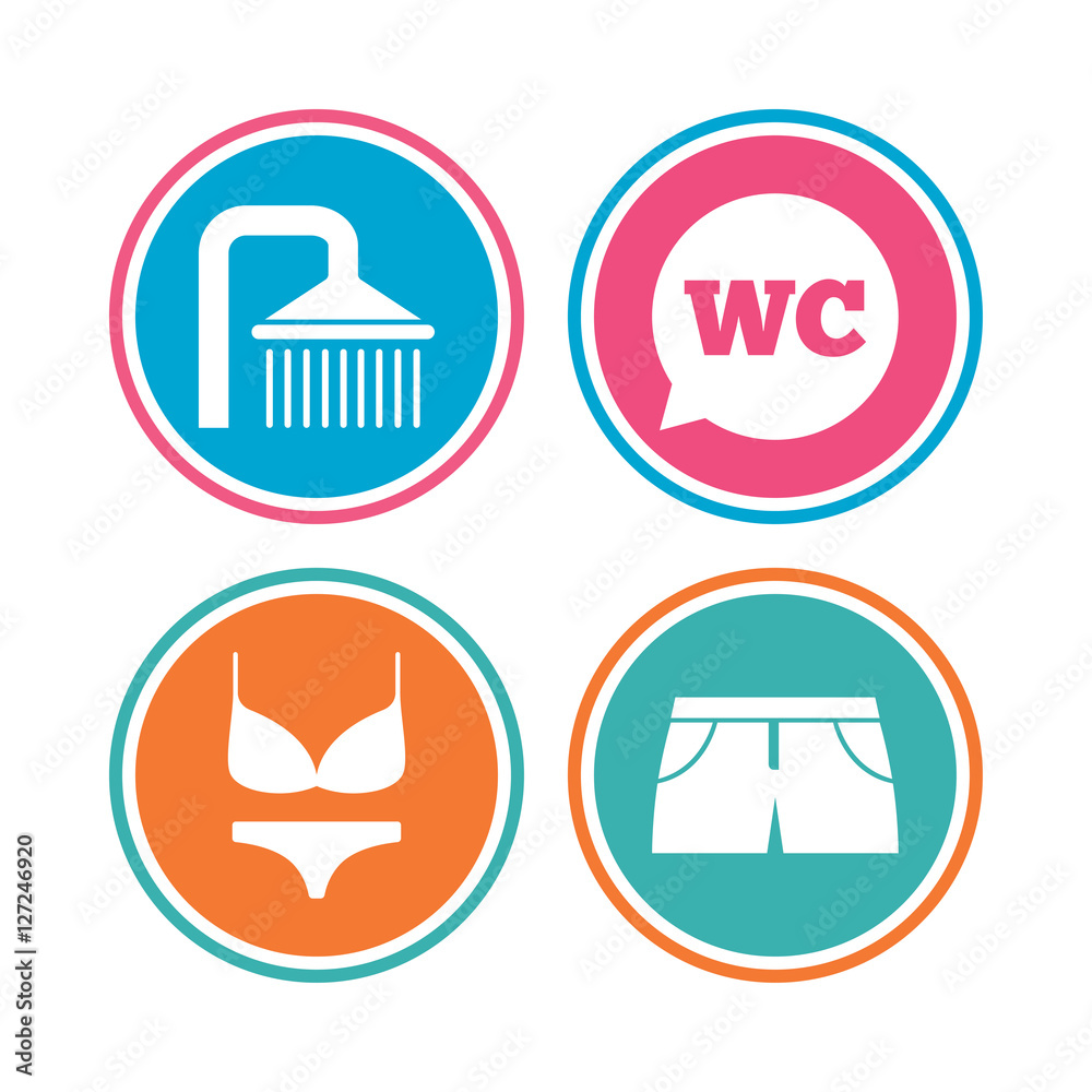 Swimming pool icons. Shower water drops and swimwear symbols. WC Toilet speech bubble sign. Trunks and women underwear. Colored circle buttons. Vector Swimming pool icons. Shower water drops and swimwear symbols. WC Toilet speech bubble sign. Trunks and women underwear. Colored circle buttons. Vector
