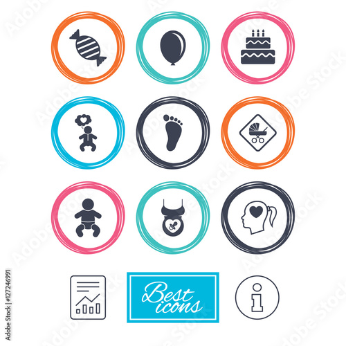 Pregnancy, maternity and baby care icons. Candy, strollers and pacifier signs. Footprint, birthday cake and heart symbols. Report document, information icons. Vector