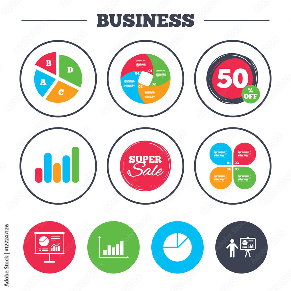 Business pie chart. Growth graph. Diagram graph Pie chart icon. Presentation billboard symbol. Supply and demand. Man standing with pointer. Super sale and discount buttons. Vector Business pie chart. Growth graph. Diagram graph Pie chart icon. Presentation billboard symbol. Supply and demand. Man standing with pointer. Super sale and discount buttons. Vector