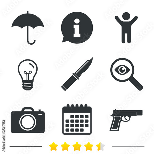 Gun weapon icon.Knife, umbrella and photo camera signs. Edged hunting equipment. Prohibition objects. Information, light bulb and calendar icons. Investigate magnifier. Vector