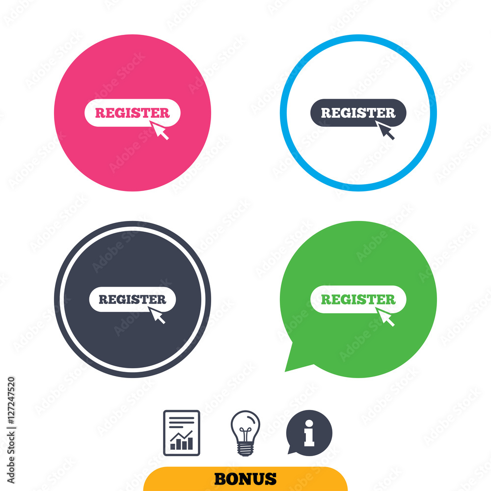 Register with cursor pointer sign icon. Membership symbol. Website navigation. Report document, information sign and light bulb icons. Vector