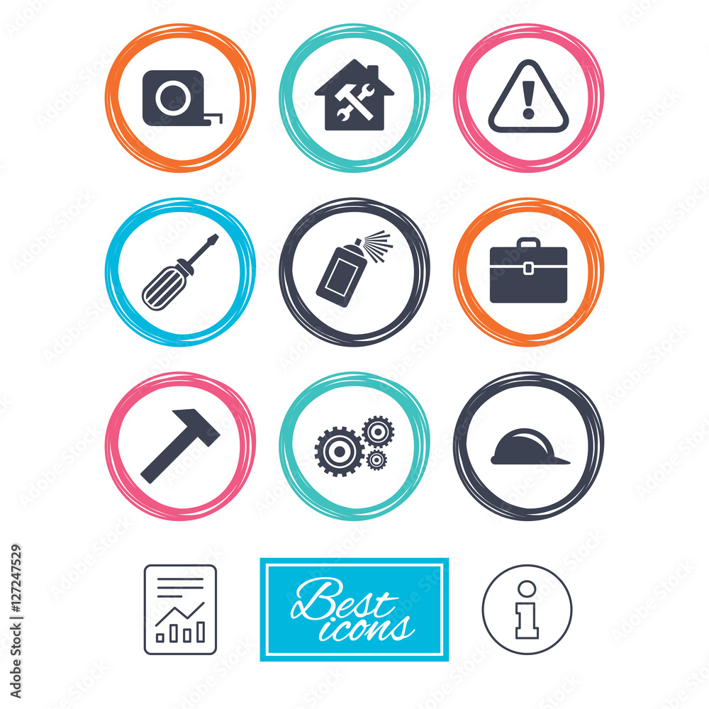 Repair, construction icons. Helmet, screwdriver and hammer signs. Gears, painting spray and attention symbols. Report document, information icons. Vector