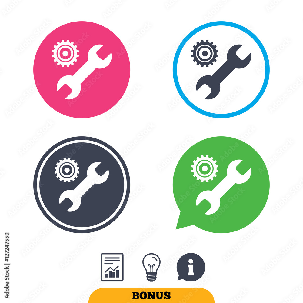 Repair tool sign icon. Service symbol. Hammer with wrench. Report document, information sign and light bulb icons. Vector Repair tool sign icon. Service symbol. Hammer with wrench. Report document, information sign and light bulb icons. Vector