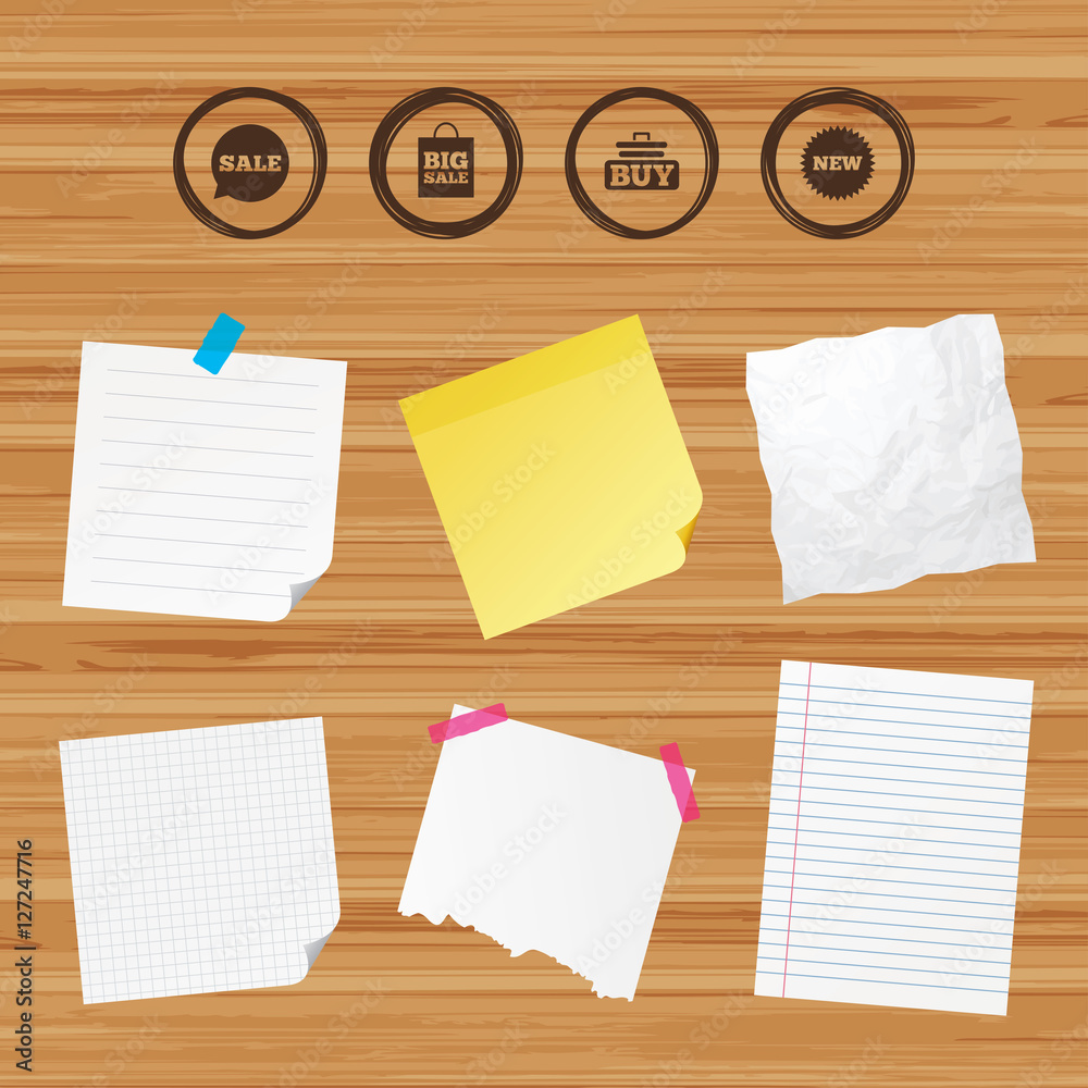 Business paper banners with notes. Sale speech bubble icon. Buy cart symbol. New star circle sign. Big sale shopping bag. Sticky colorful tape. Vector Business paper banners with notes. Sale speech bubble icon. Buy cart symbol. New star circle sign. Big sale shopping bag. Sticky colorful tape. Vector