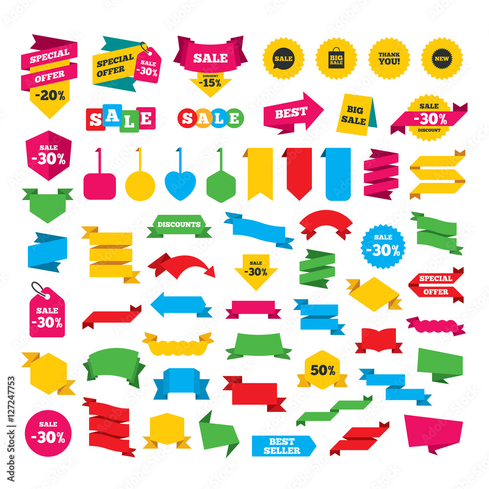 Fototapeta premium Web stickers, banners and labels. Sale speech bubble icon. Thank you symbol. New star circle sign. Big sale shopping bag. Special offer tags. Vector