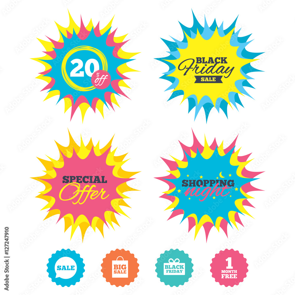 Fototapeta premium Shopping night, black friday stickers. Sale speech bubble icon. Black friday gift box symbol. Big sale shopping bag. First month free sign. Special offer. Vector