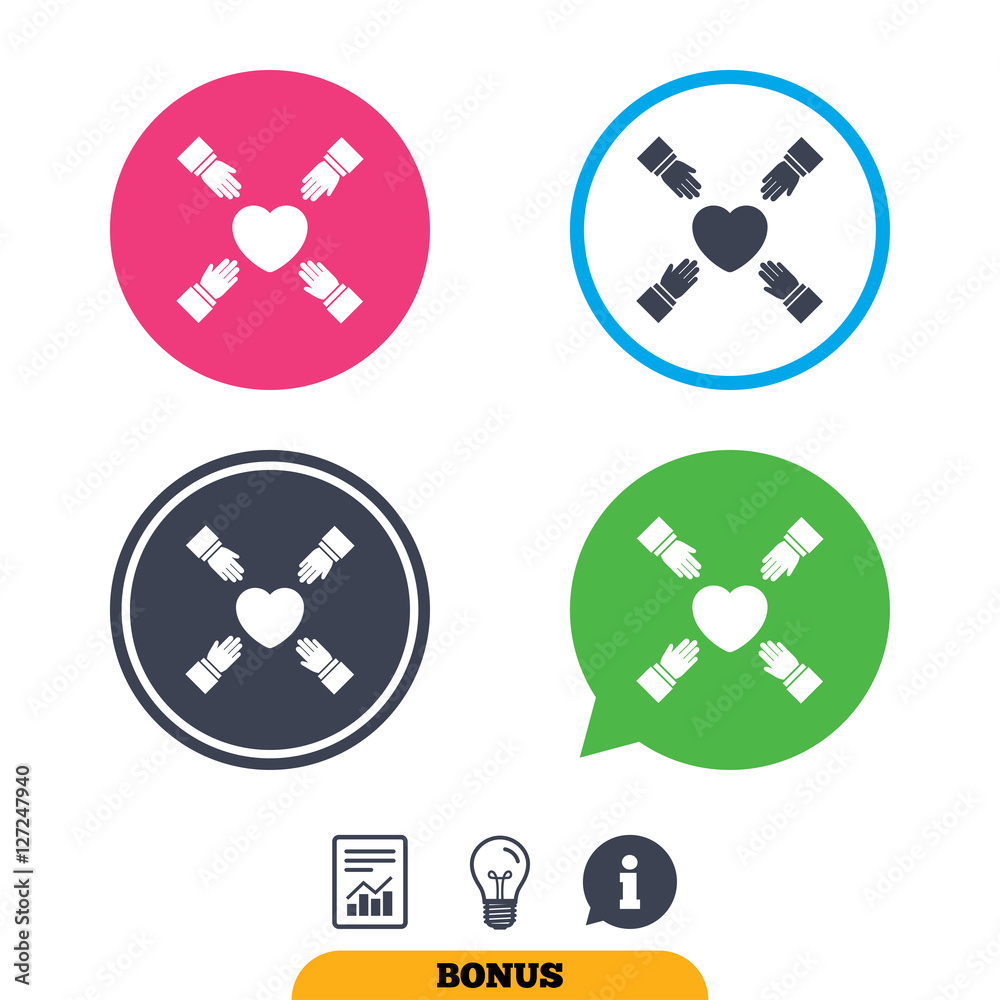 Hands reach for heart sign icon. Save life symbol. Report document, information sign and light bulb icons. Vector Hands reach for heart sign icon. Save life symbol. Report document, information sign and light bulb icons. Vector