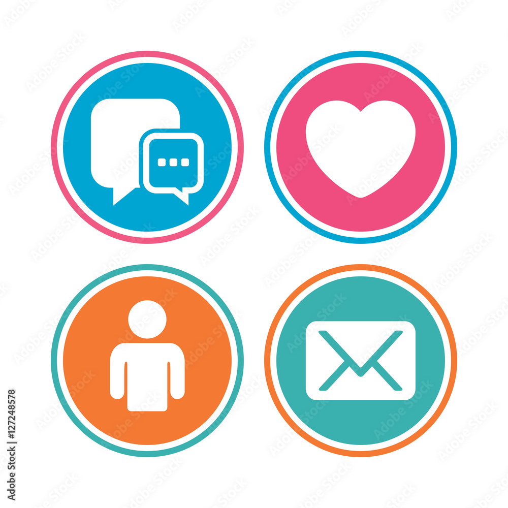 Social media icons. Chat speech bubble and Mail messages symbols. Love heart sign. Human person profile. Colored circle buttons. Vector Social media icons. Chat speech bubble and Mail messages symbols. Love heart sign. Human person profile. Colored circle buttons. Vector