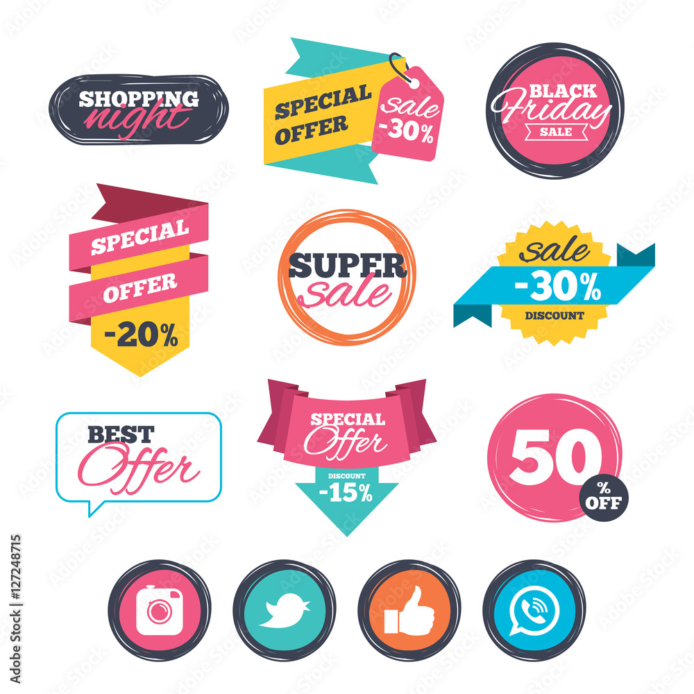 Sale stickers, online shopping. Hipster photo camera icon. Like and Call speech bubble sign. Bird symbol. Social media icons. Website badges. Black friday. Vector