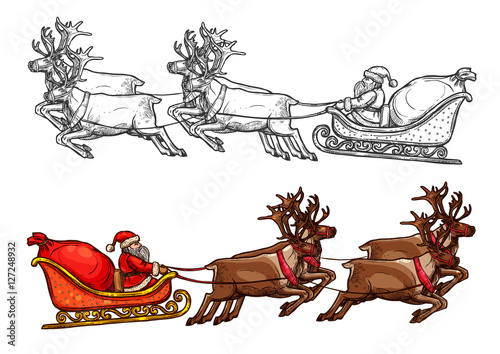 Santa reindeer sleigh, gift bag sack vector sketch