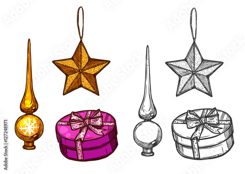 Christmas tree ornaments, gifts, vector sketch