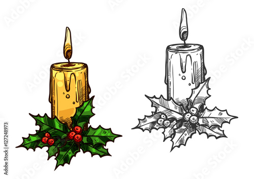 Christmas candle tree light on holly leaves sketch