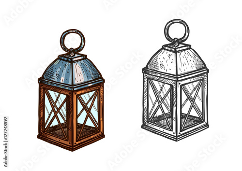 Christmas lamp lantern light vector sketch icon