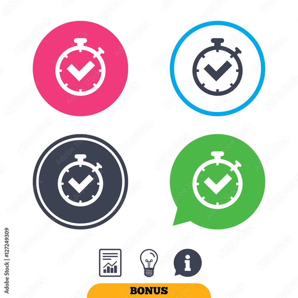 Timer sign icon. Check stopwatch symbol. Report document, information sign and light bulb icons. Vector Timer sign icon. Check stopwatch symbol. Report document, information sign and light bulb icons. Vector