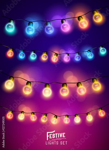 A collection of various colourful and festive fairy lights. Vector illustration