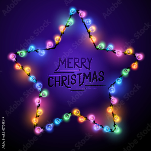Christmas Star  - Seasonal decorations with colourful lights and Merry Christmas text. Vector illustration.