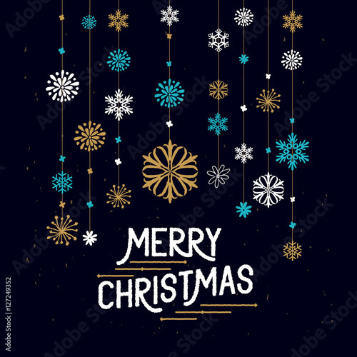 Merry Christmas Decorations. Hanging snowflakes and merry christmas sign. Vector illustration.