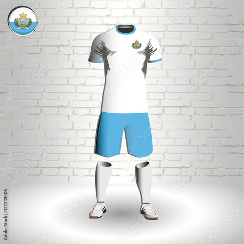 eps 10 vector football San Marino team player uniform template. National colors sportwear. Sammarinese flag button chrome ring. Brick wall background photo