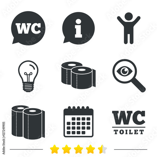 Toilet paper icons. Gents and ladies room signs. Paper towel or kitchen roll. Speech bubble symbol. Information, light bulb and calendar icons. Investigate magnifier. Vector