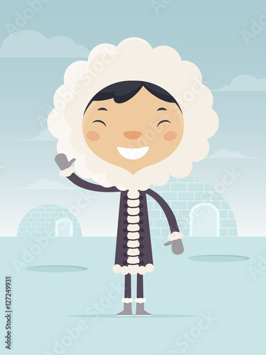 Cute Eskimo Boy Waving. Flat Design Style. 