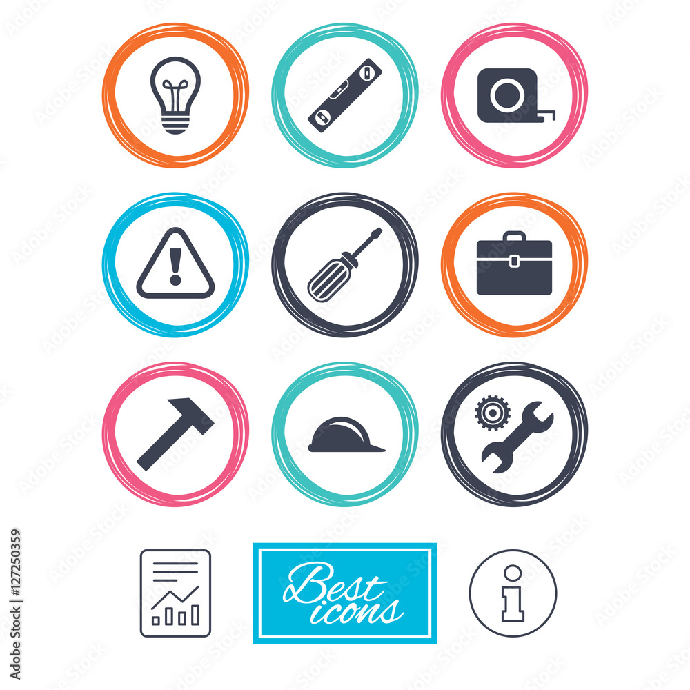 Repair, construction icons. Engineering, helmet and screwdriver signs. Lamp, electricity and attention symbols. Report document, information icons. Vector