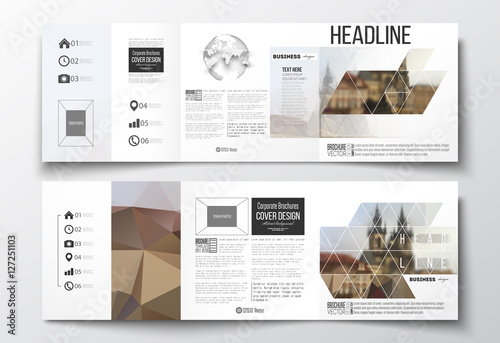 Set of tri-fold brochures, square design templates. Polygonal background, blurred image, urban landscape, Prague cityscape, modern triangular texture
