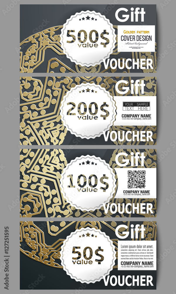 Set of modern gift voucher templates. Golden microchip pattern on dark background with connecting dots and lines, connection structure. Digital scientific vector