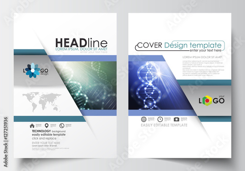 Templates for brochure, magazine, flyer, booklet. Cover design template, easy editable flat layout in A4 size. DNA molecule structure, science background. Scientific research, medical technology.