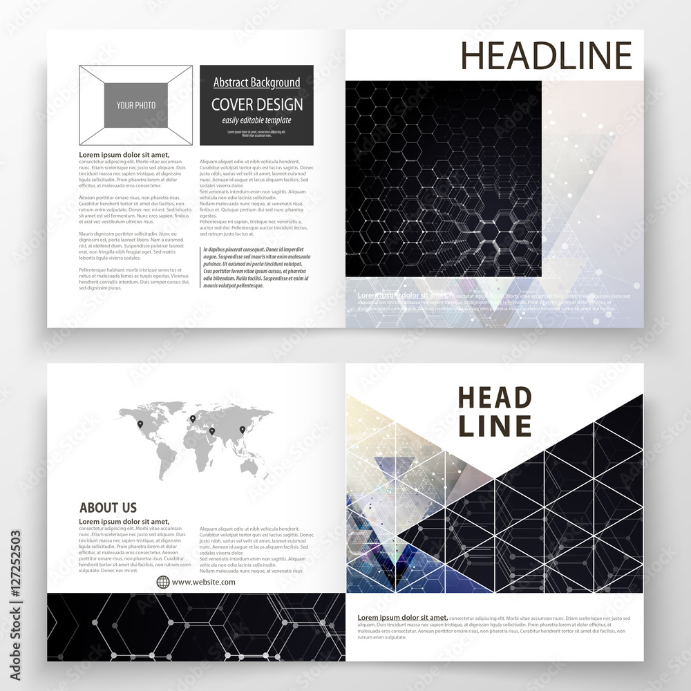 Templates for square design bi fold brochure, magazine, flyer. Leaflet cover, easy editable vector layout. Chemistry pattern, hexagonal molecule structure. Medicine, science and technology concept.