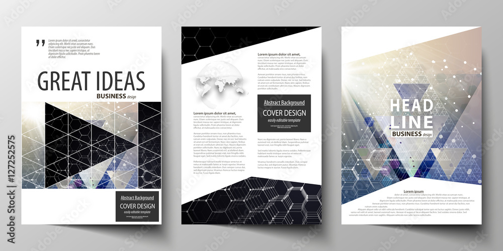 Templates for brochure, magazine, flyer or report. Cover design template, easy editable vector layout in A4 size. Chemistry pattern, hexagonal molecule structure. Medicine and science concept