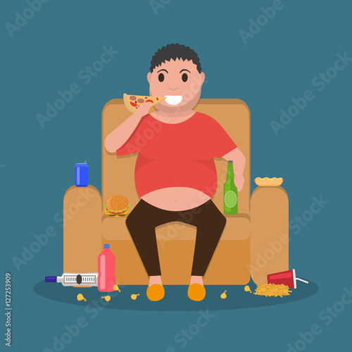 Cartoon fat man sitting on couch eat junk food