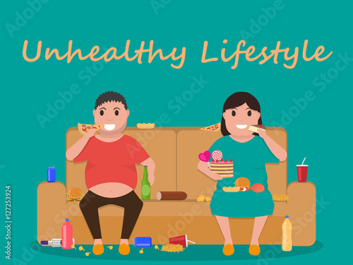 Vector unhealthy lifestyle, human laziness, obese