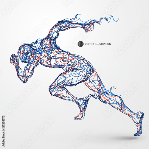 Running man, colored lines drawing, vector illustration.