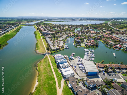 Aerial view of Patterson river and Patterson Lakes suburb, Melbourne, Australia photo