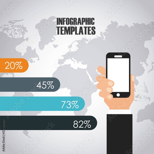 infographic presentation template with world map and hand holding a smartphone icon. colorful design. vector illustration