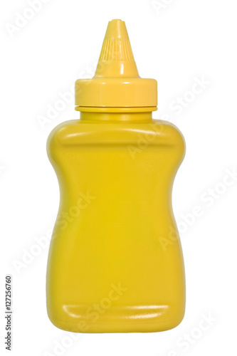 Yellow mustard squeeze bottle container with no label. Isolated. White background. Vertical.