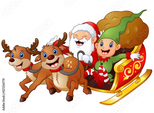 Santa and elf cartoon a riding in sled sleigh and gift bag with two reindeer