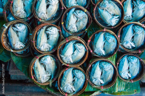 Meaklong Mackerel in bamboo baskets on sale in the Meaklong mark