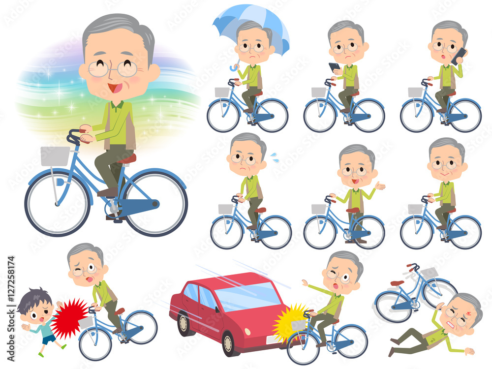 Green vest grandfather ride on city bicycle Green vest grandfather ride on city bicycle